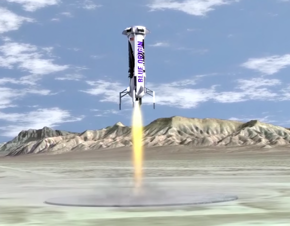 Animación de cómo se prevé que sea el aterrizaje vertical del cohete New Shepard (Blue Origin).