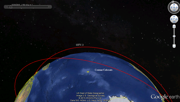 La maniobra de la etapa Centaur durante el lanzamiento del OTV-4 (Google Earth).