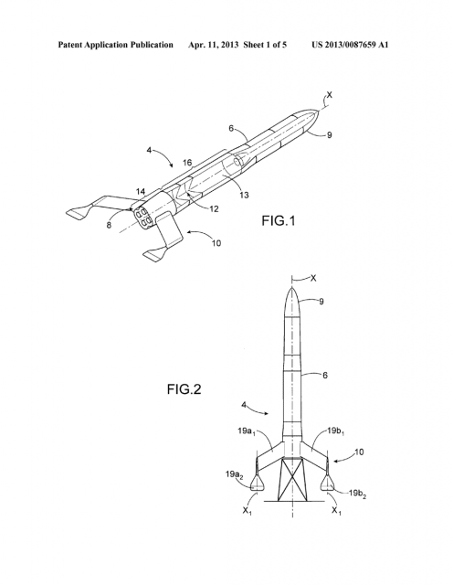 Detalles de la patente de Aadeline donde se observa la cápsula recuperable con los motores (Airbus).