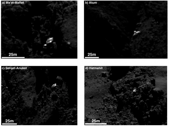 Ejemplos de depósitos aislados situados en una roca (SA/Rosetta/MPS for OSIRIS Team MPS/UPD/LAM/IAA/SSO/INTA/UPM/DASP/IDA).