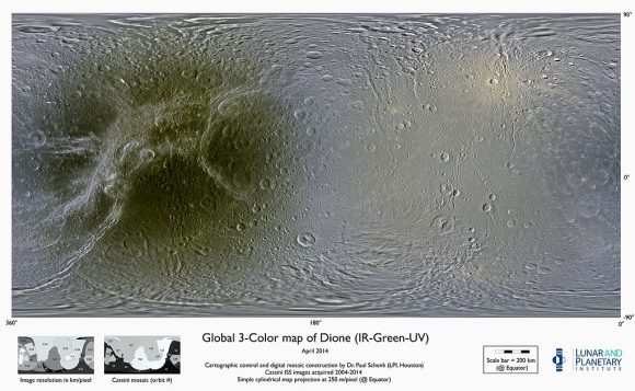Mapa en color exagerado de Dione (NASA/JPL).