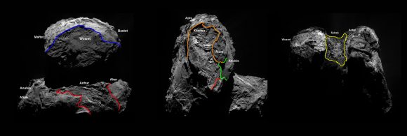 Nuevas regiones identificadas en el hemisferio sur de Chury (ESA/Rosetta/MPS for OSIRIS Team MPS/UPD/LAM/IAA/SSO/INTA/UPM/DASP/IDA).