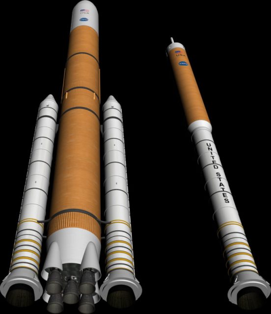 El CaLV/Ares V (izquierda) y el CLV/Ares I según la VSE de 2005 (NASA).