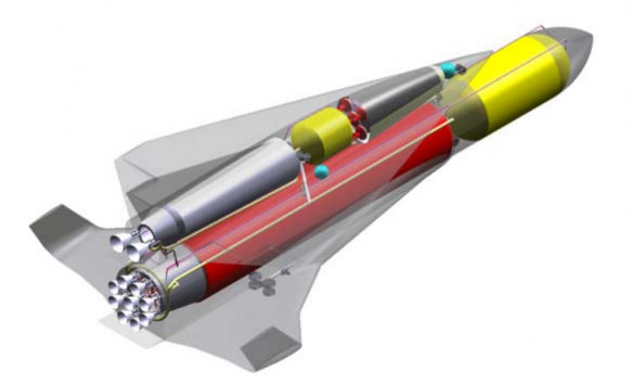 El sistema SpaceLiner. Se aprecian los 11 motores criogénicos del sistema. En amarillo, los tanques de oxígeno líquido (LOX) (DLR).