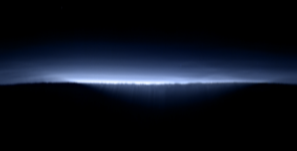 La imagen anterior desplegada por Ian Reagan para que veamos el horizonte de Plutón durante los amaneceres o atardeceres (Ian Reagan)