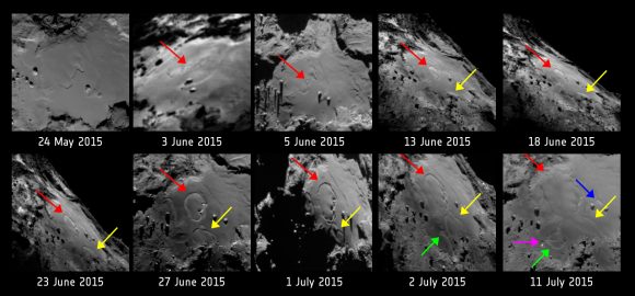 Imágenes de la cámara NAC de OSIRIS tomadas entre el 24 de mayo y el 11 de julio que muestran cambios significativos del terreno a medida que Chury se acercaba al perihelio (ESA/Rosetta/MPS for OSIRIS Team MPS/UPD/LAM/IAA/SSO/INTA/UPM/DASP/IDA).