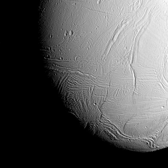 The view was acquired at a distance of approximately 38,000 miles (61,000 kilometers) from Enceladus and at a Sun-Enceladus-spacecraft, or phase, angle of 42 degrees. Image scale is 1,198 feet (365 meters) per pixel. 