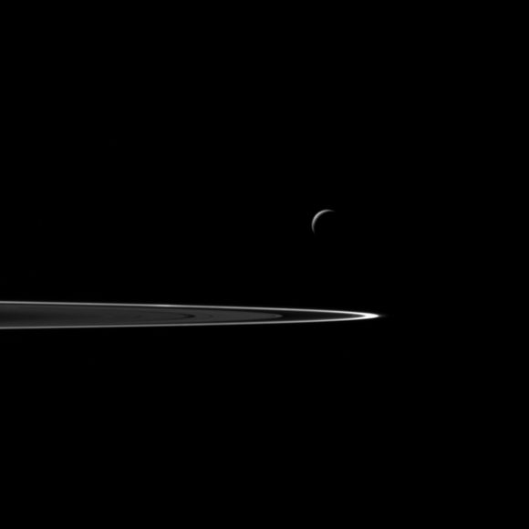 The view was acquired at a distance of approximately 106,000 miles (171,000 kilometers) from Enceladus and at a Sun-Enceladus-spacecraft, or phase, angle of 141 degrees. Image scale is 6 miles (10 kilometers) per pixel. 