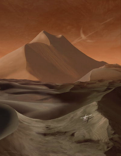 La sonda alada AVIATR sobrevuela un campo de dunas en Titán (Saturno solo se vería en el cielo si tuvieras visión infrarroja)(NASA/Michael Carroll).