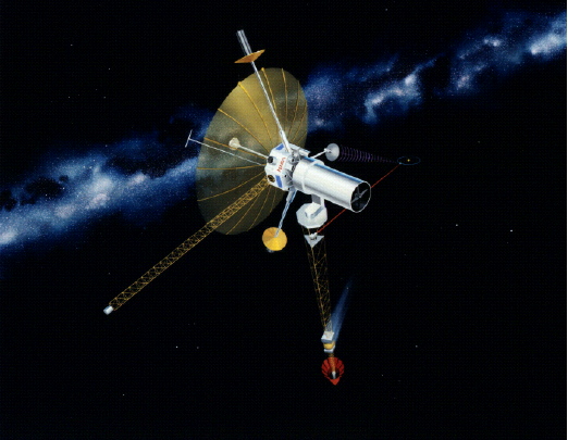Sonda TAU con el reactor nuclear y el sistema de propulsión iónico. Se aprecia la antena de alta ganancia y el orbitador de Plutón (NASA).