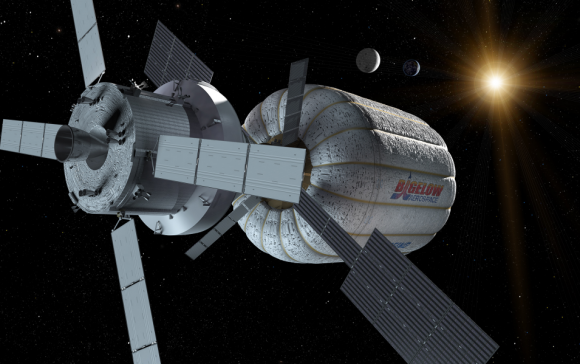 Una nave Orión con un módulo inflable Bigelow como hábitat de espacio profundo (Boeing).
