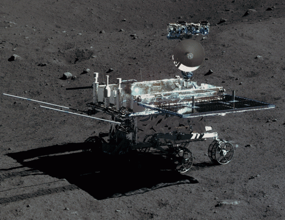 El rover Yutu visto desde la Chang'e 3 el 22 de diciembre de 2013 (Chinese Academy of Sciences/China National Space Administration/The Science and Application Center for Moon and Deepspace Exploration/Emily Lakdawalla).