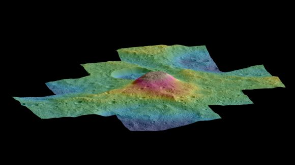 Fotografiada coloreada según el relieve de la zona de Ahuna Mons (NASA/JPL-Caltech/UCLA/MPS/DLR/IDA/PSI).