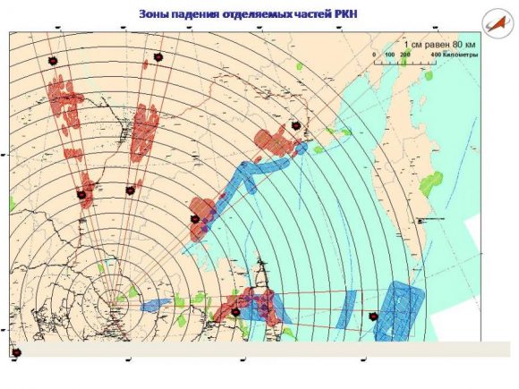 Azimuts de lanzamiento y zonas de caída de las primeras etapas de un Soyuz desde Vostochni (Roscosmos).
