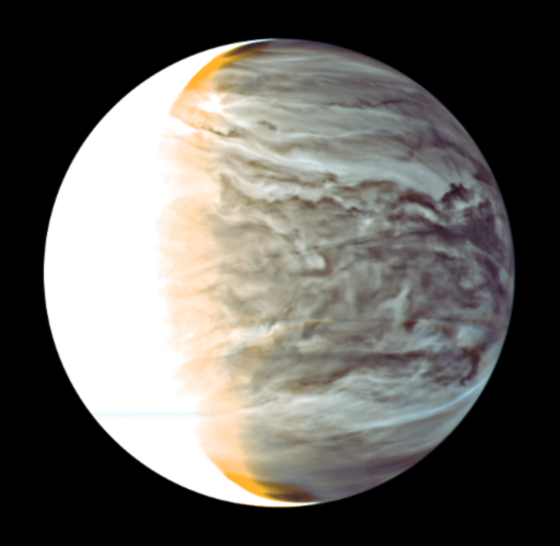 Imagen de Venus del 25 de marzo de 2016 tomada por Akatsuki a partir de imágenes tomadas en las longitudes de onda de 1,74 micras y 2,26 micras (JAXA).