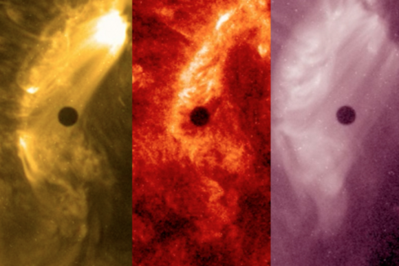 Mercurio delante del Sol visto por el SDO en diferentes longitudes de onda (NASA/SDO).