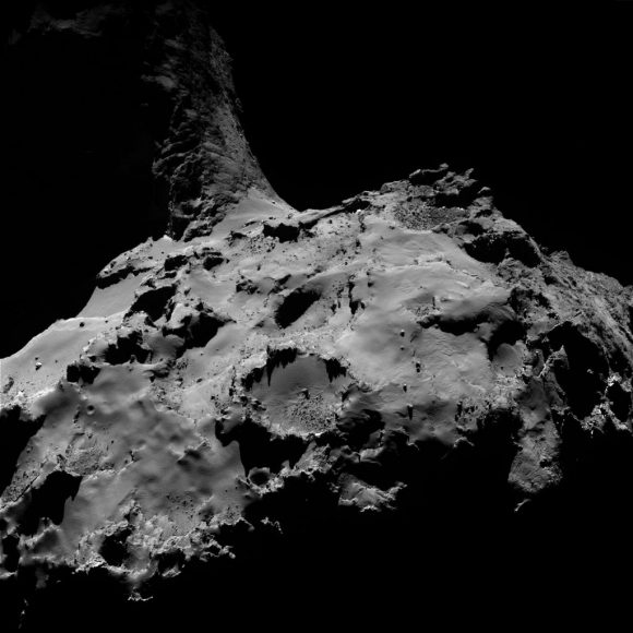 OSIRIS wide-angle camera image taken on 4 July 2016, when Rosetta was 13.3 km from Comet 67P/C-G. The scale is 1.28 m/pixel and the image measures 2.6 km. To preserve the correct orientation of the comet, the image has been flipped horizontally with respect to the one originally published on the OSIRIS Image of the Day website. Credits: ESA/Rosetta/MPS for OSIRIS Team MPS/UPD/LAM/IAA/SSO/INTA/UPM/DASP/IDA 
