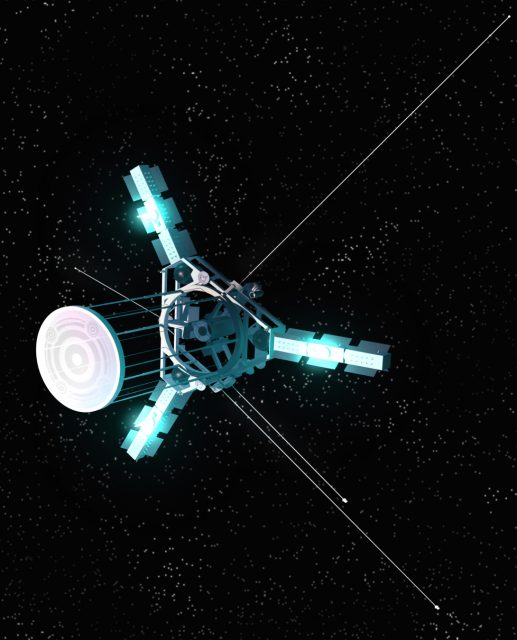 La sonda Interstellar Explorer de la NASA se aleja del Sol gracias a los motores iónicos de xenón, cuya luz azulada le da un aspecto fantasmagórico a la nave (NASA). 