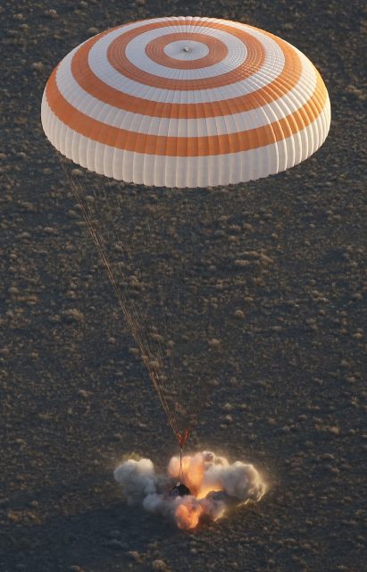 Space crew of the International Space Station  lands in Kazakhstan