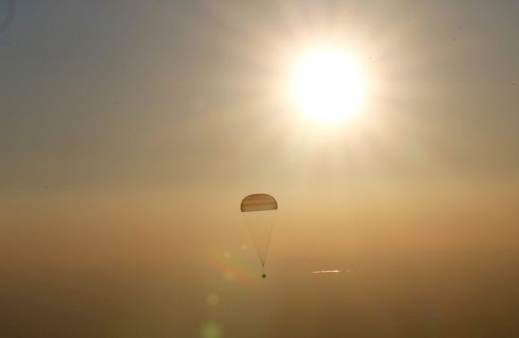 A landing module of the Russian Soyuz TMA-19M space craft carrying  crew of the International Space Station Russian cosmonauts Alexei Ovchinin, Oleg Skripochka and US NASA astronaut Jeffrey Williams lands some 150 km. to the East of the city of Dzhezkazgan in Kazakhstan, 07 September 2016.