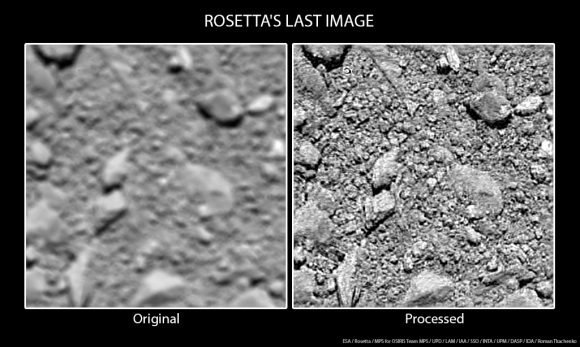 Última imagen de Rosetta antes del impacto a 20 metros (ESA/Rosetta/MPS for OSIRIS Team MPS/UPD/LAM/IAA/SSO/INTA/UPM/DASP/IDA/Roman Tkachenko). 