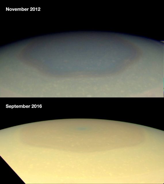 Diferencias en color del hexágono del polo norte de Saturno a lo largo del tiempo (NASA/JPL).