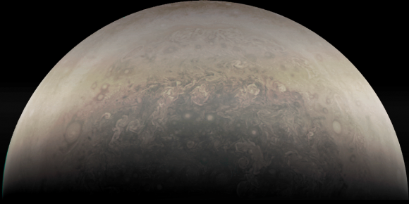 El polo sur de Júpiter ((NASA/JPL-Caltech/SwRI/MSSS/Sander Clement).
