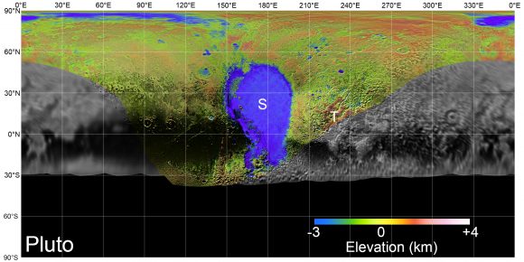 Mapa de las elevaciones superficiales de Plutón ( NASA/Johns Hopkins University Applied Physics Laboratory/Southwest Research Institute/Lunar and Planetary Institute).