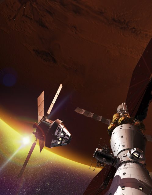 Una nave Orión acoplándose al Mars Base Camp (Lockheed-Martin).