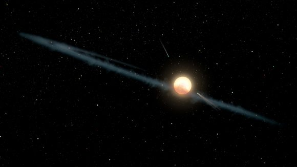 Impresión artística de polvo y cometas orbitando alrededor de la estrella de Tabby (NASA/JPL-Caltech).