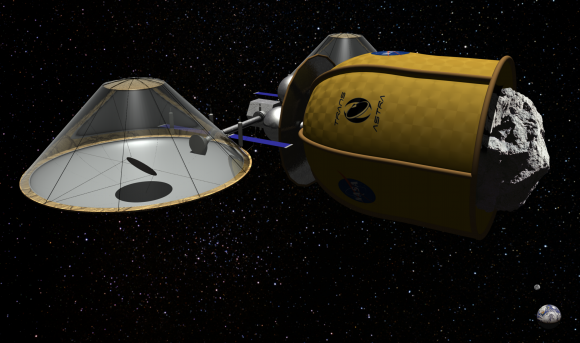 Una nave no tripulada Honey Bee capturando un asteroide antes de extraerle los volátiles (TransAstra).